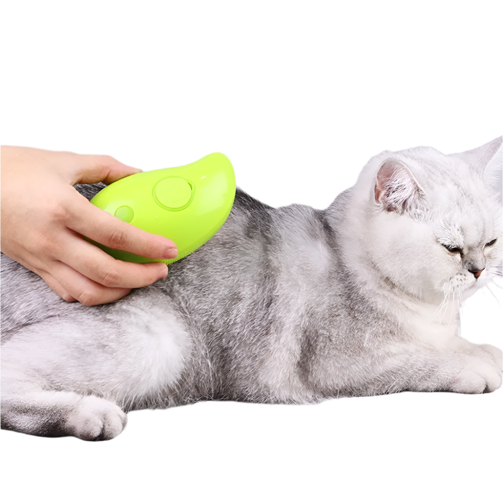 Person using a green pet grooming tool on a gray cat against a light gray background